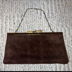 VINTAGE 1950s Brown Suede Clutch with Gold Chain